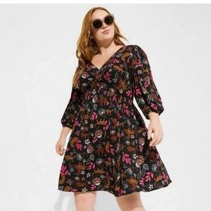 Torrid Womens 00 Dress Balloon Sleeve Twist Front Leopard Novelty Jungle Black